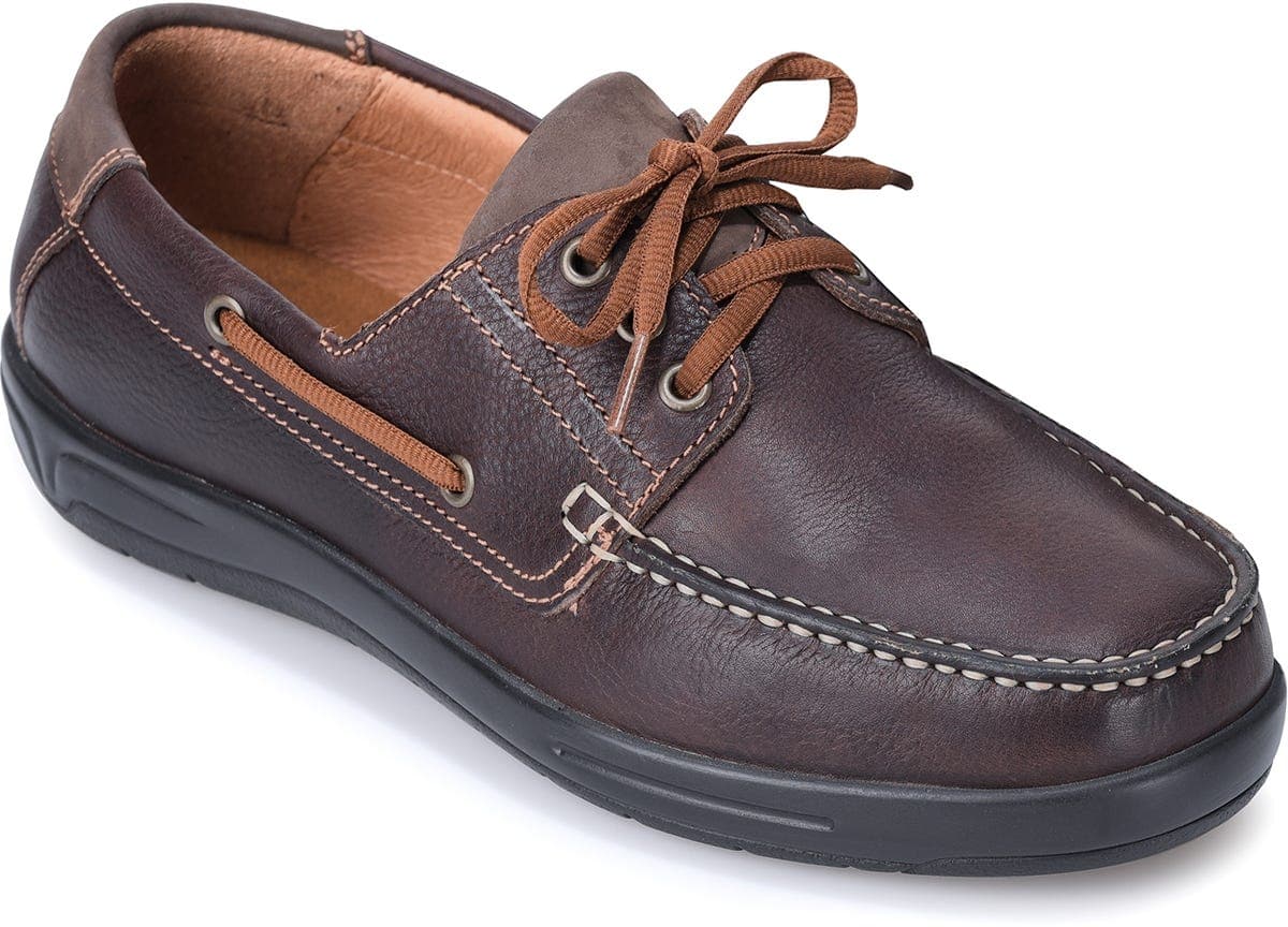 Brown leather men's shoes with a casual design, featuring a lace-up front, contrasting stitching, and a flexible black sole, designed for extra width and comfort.