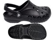 Black Crocs Baya clogs for men, featuring a lightweight design, ventilation holes, a back strap for secure fit, and a textured sole for traction.