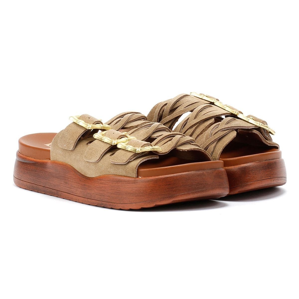 Taupe suede women's sandals with a thick wooden platform, featuring multiple braided straps and gold-tone buckles for added style.
