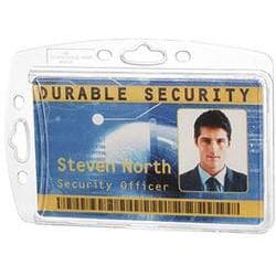 Transparent single shell-style ID card holder with a top slot for attachment, featuring a blue and yellow security ID card inside, packaged in a box of 10 by Durable.