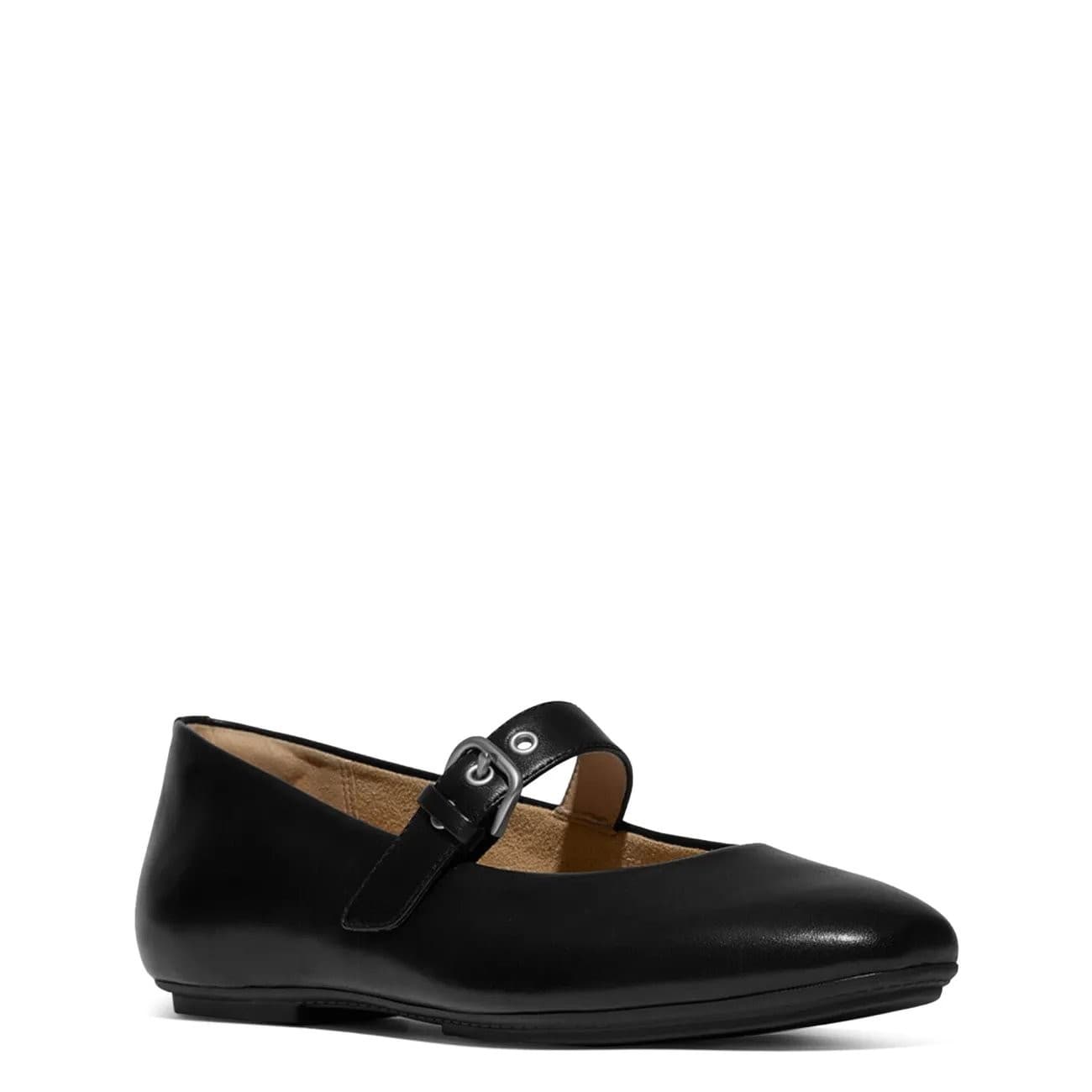 Black soft leather Mary Janes with a rounded toe, featuring a single adjustable strap across the instep and a cushioned insole for comfort.