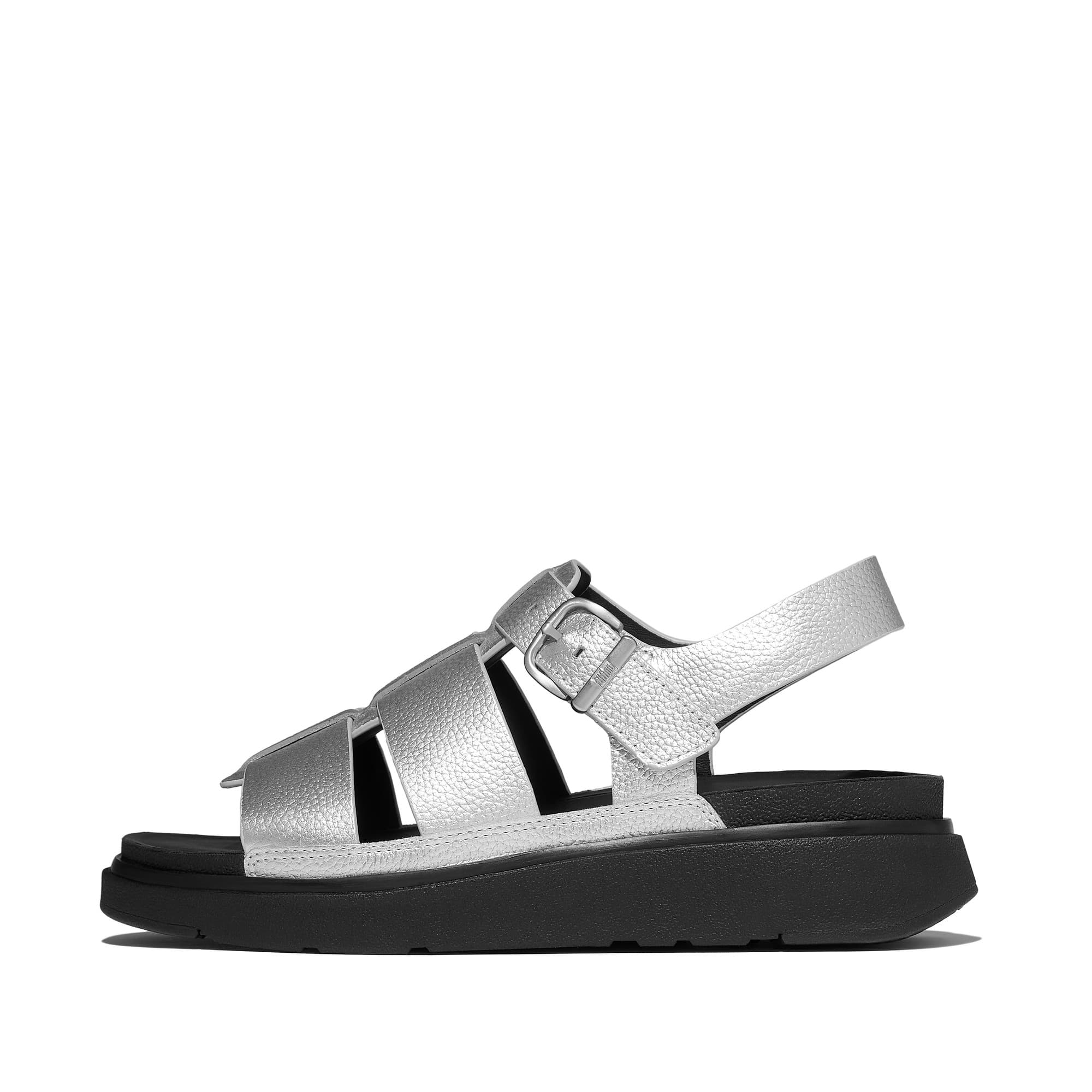 Silver leather fisherman sandals with three wide straps, adjustable buckle, and a cushioned black sole for comfort.