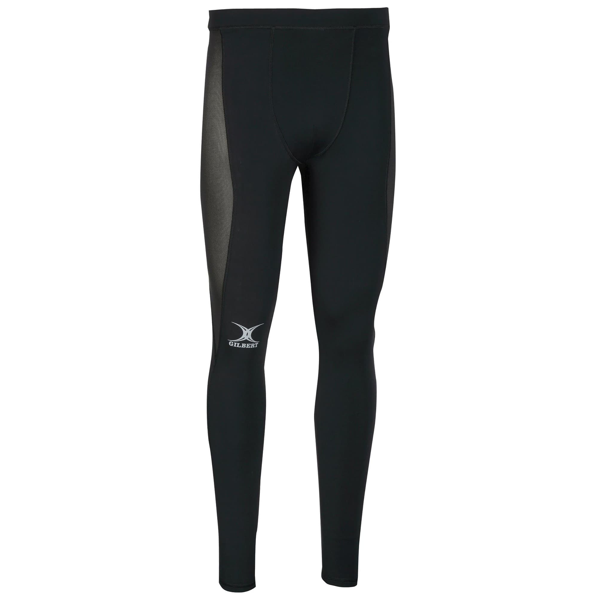 Black men's baselayer leggings by Gilbert Rugby, featuring a snug fit, elastic waistband, and mesh panels for breathability, ideal for athletic performance.