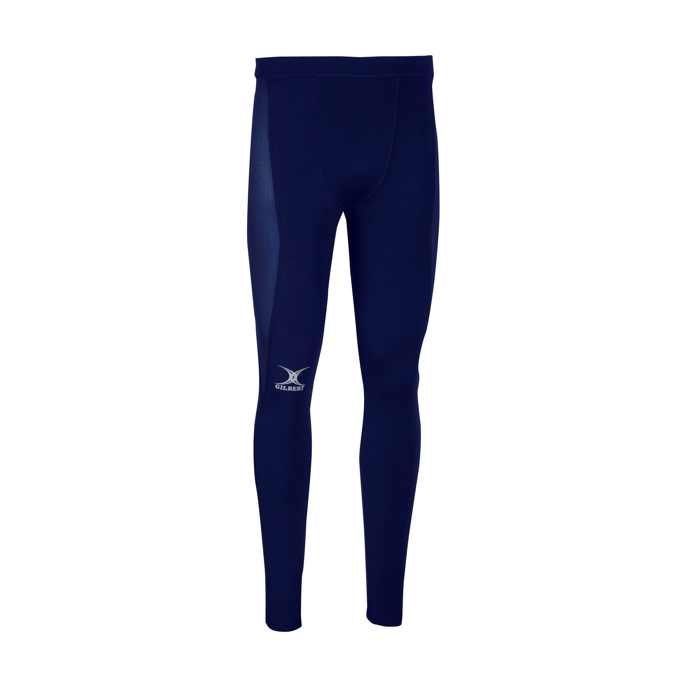 Black baselayer leggings for men by Gilbert Rugby, featuring a snug fit and a logo on the lower leg, designed for comfort and performance in sports activities.
