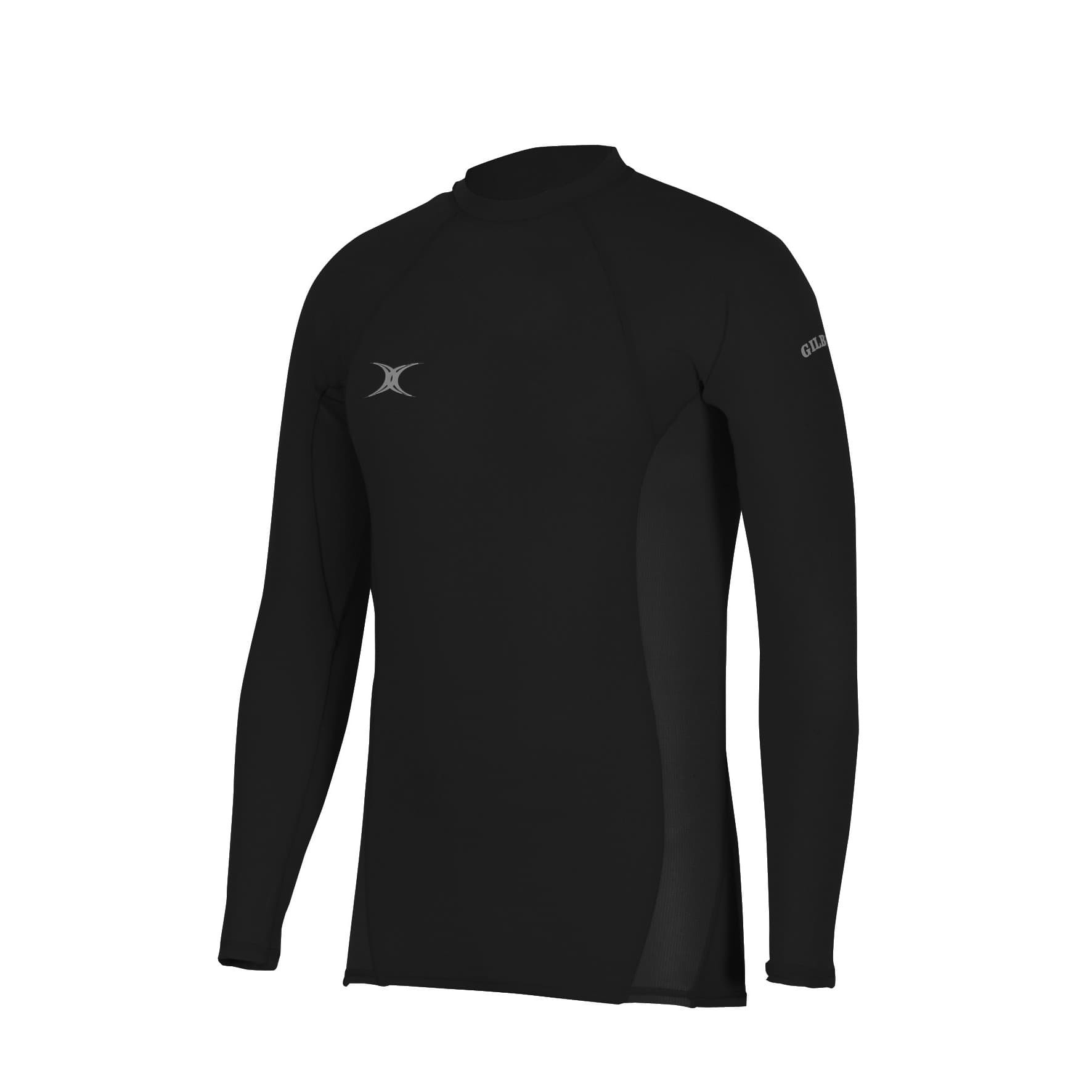 Black long-sleeve baselayer top for juniors by Gilbert Rugby, featuring a sleek design, stretchy material, and a logo on the upper arm for enhanced performance.