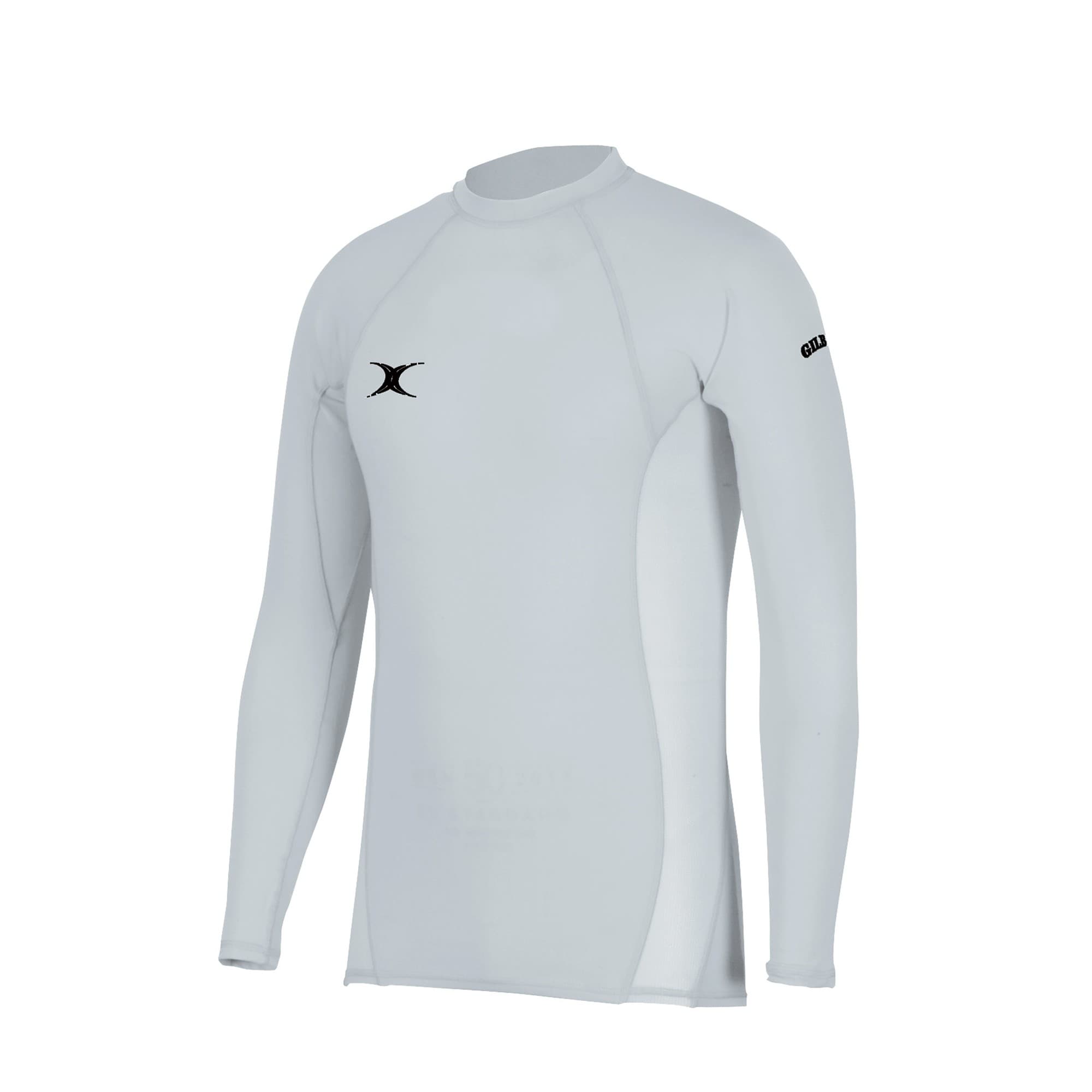Black long-sleeve baselayer top for men by Gilbert Rugby, featuring a sleek design, stretchable material, and a logo on the chest and sleeve.