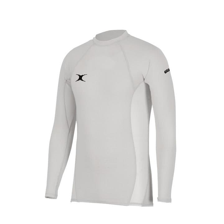 Black long-sleeve baselayer top made from stretchy material, featuring a round neckline, fitted design, and Gilbert Rugby logo on the sleeve.