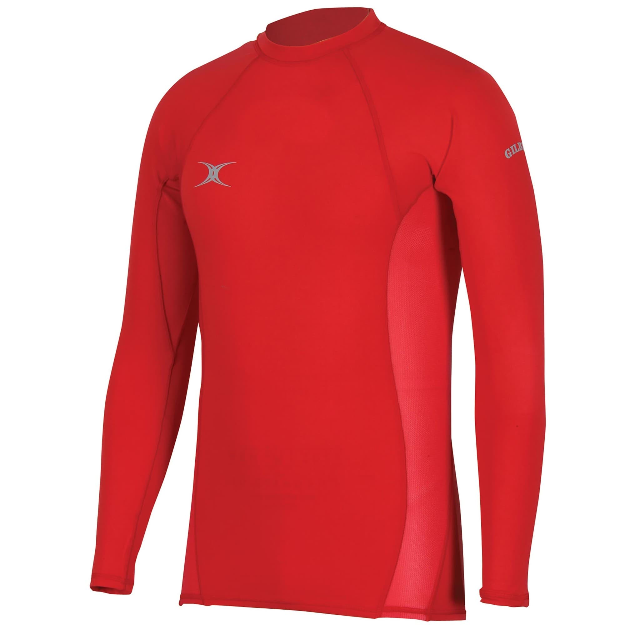 Black long-sleeve baselayer top for men by Gilbert Rugby, featuring a fitted design, stretch fabric, and a subtle logo on the sleeve for enhanced performance during sports.