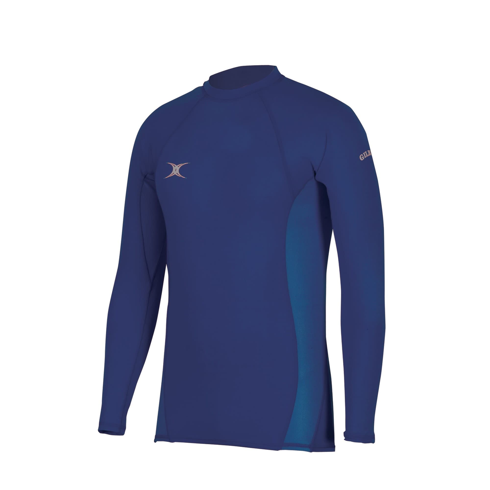 Black long-sleeve baselayer top for men by Gilbert Rugby, featuring a fitted design and moisture-wicking material, ideal for athletic performance.