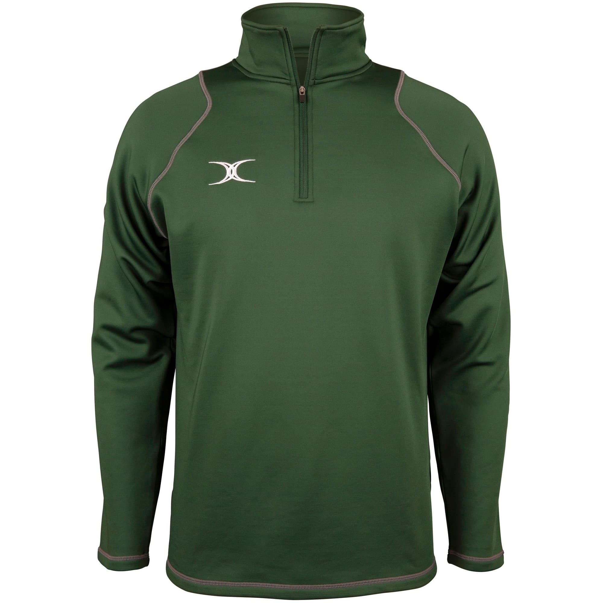 Black fleece pullover with a 1/4 zip, featuring a high collar and contrasting stitching, designed for junior rugby players by Gilbert Rugby.