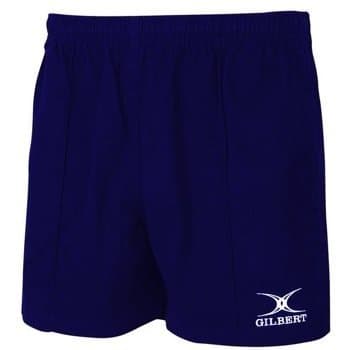 Black rugby match shorts made from durable material, featuring an elastic waistband and the Gilbert logo in white on the lower left side.