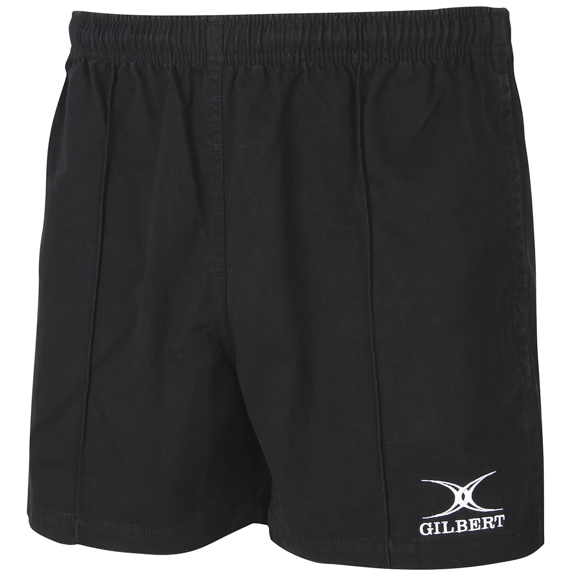 Black rugby match shorts made from durable material, featuring an elastic waistband and the Gilbert logo in white on the lower left side.