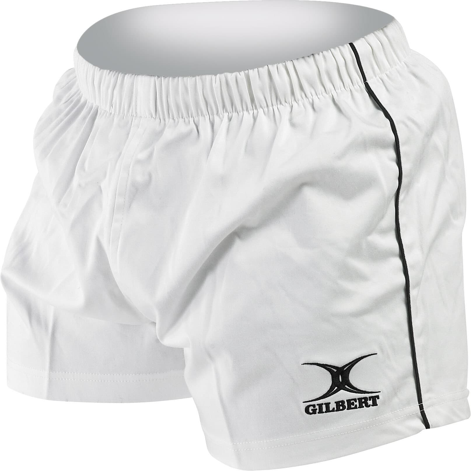 Black rugby shorts by Gilbert Rugby, featuring an elastic waistband, lightweight material, and a contrasting white side stripe with the Gilbert logo on the lower left.