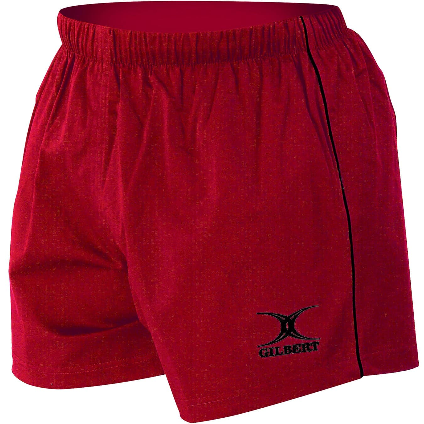 Black men's rugby shorts by Gilbert Rugby, featuring an elastic waistband and the Gilbert logo on the lower left side, designed for comfort and performance.