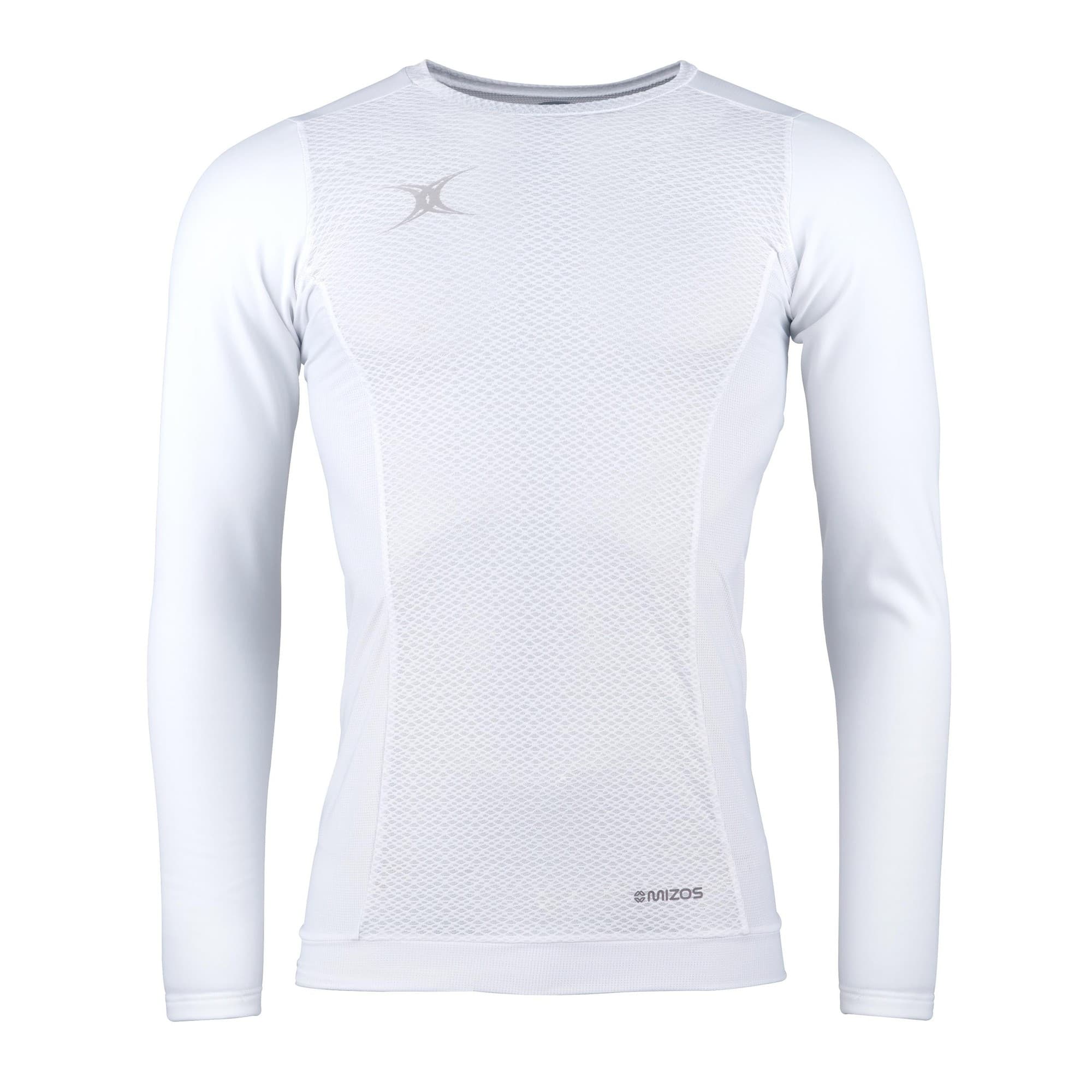 White long sleeve baselayer shirt for men by Gilbert Rugby, featuring a textured mesh design and a fitted silhouette for enhanced performance.