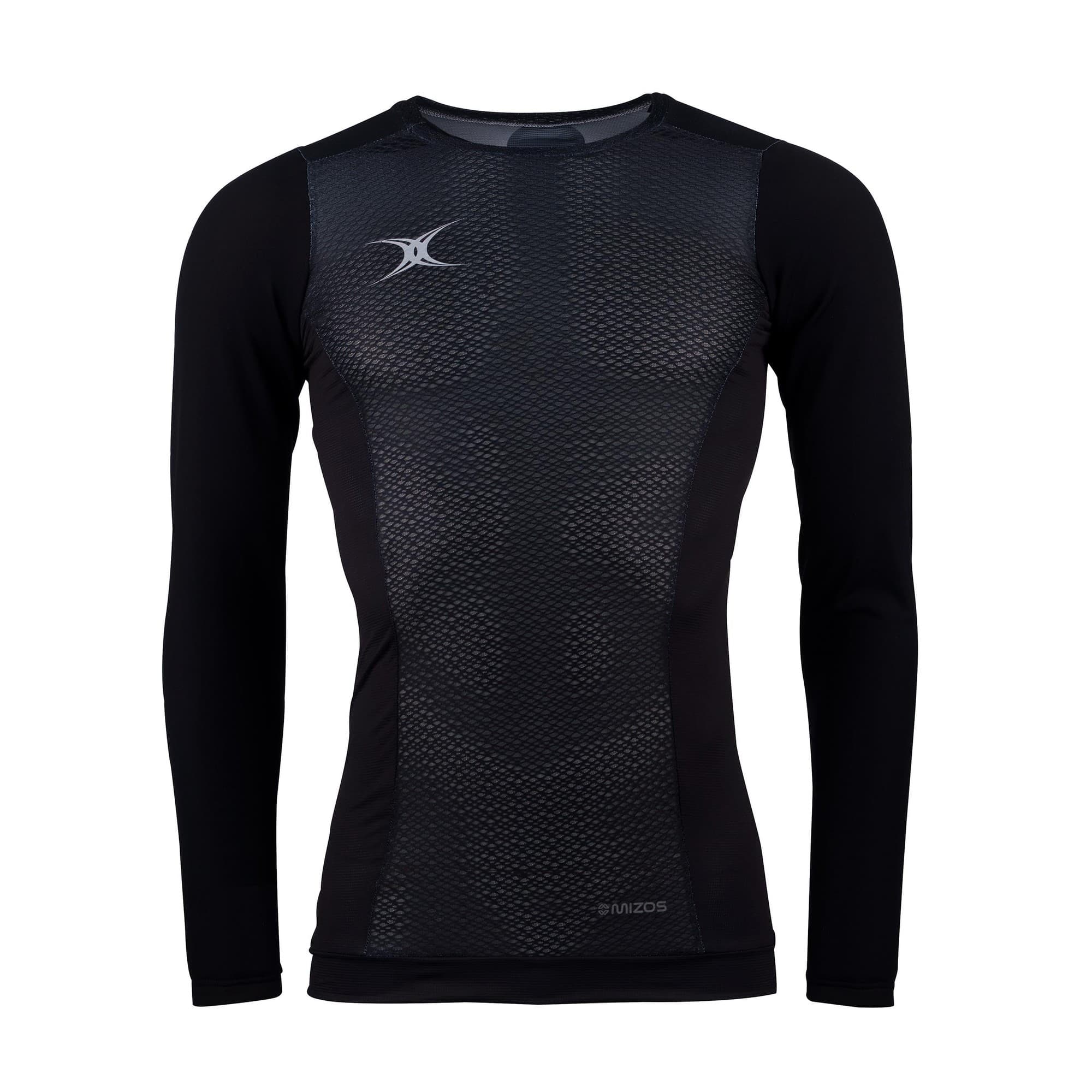 Long-sleeve men's baselayer in black with a textured mesh pattern, featuring a fitted design and the Gilbert Rugby logo on the chest.