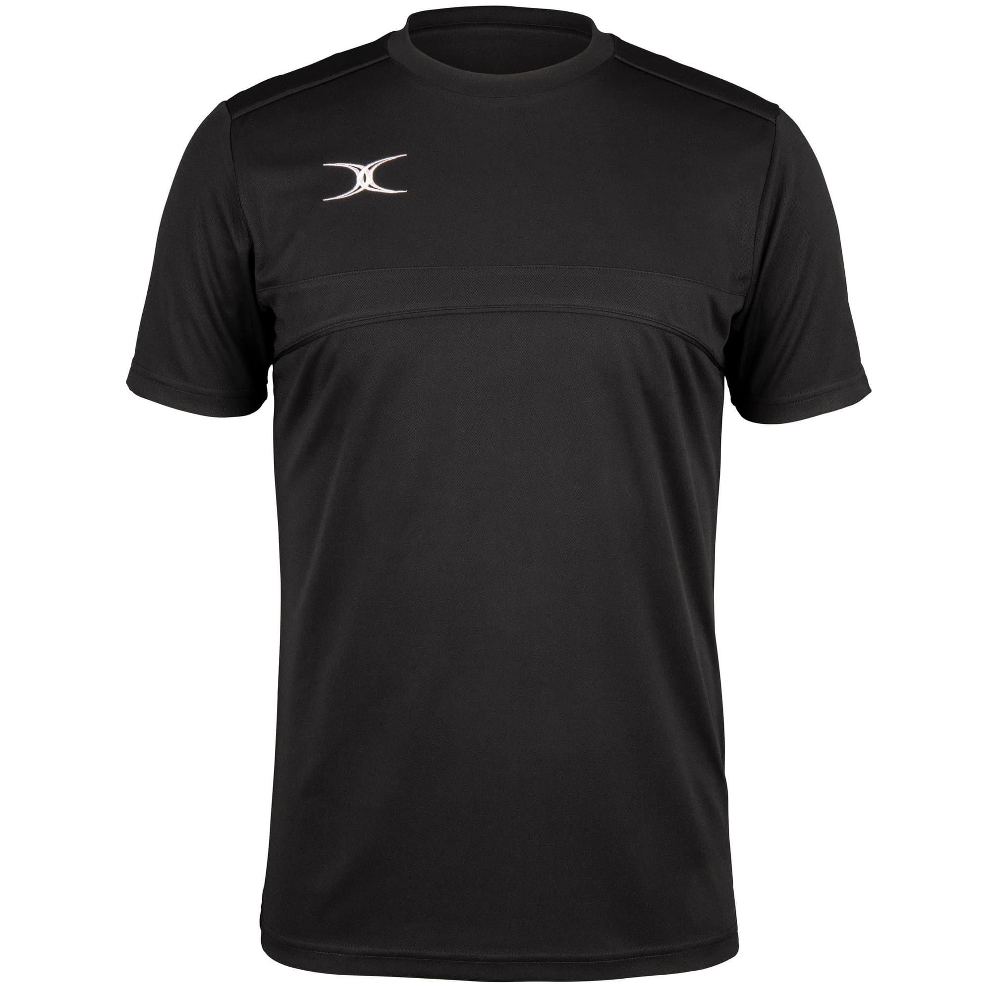 Black short-sleeve t-shirt made of lightweight material, featuring a subtle logo on the chest and a sporty design ideal for rugby enthusiasts.