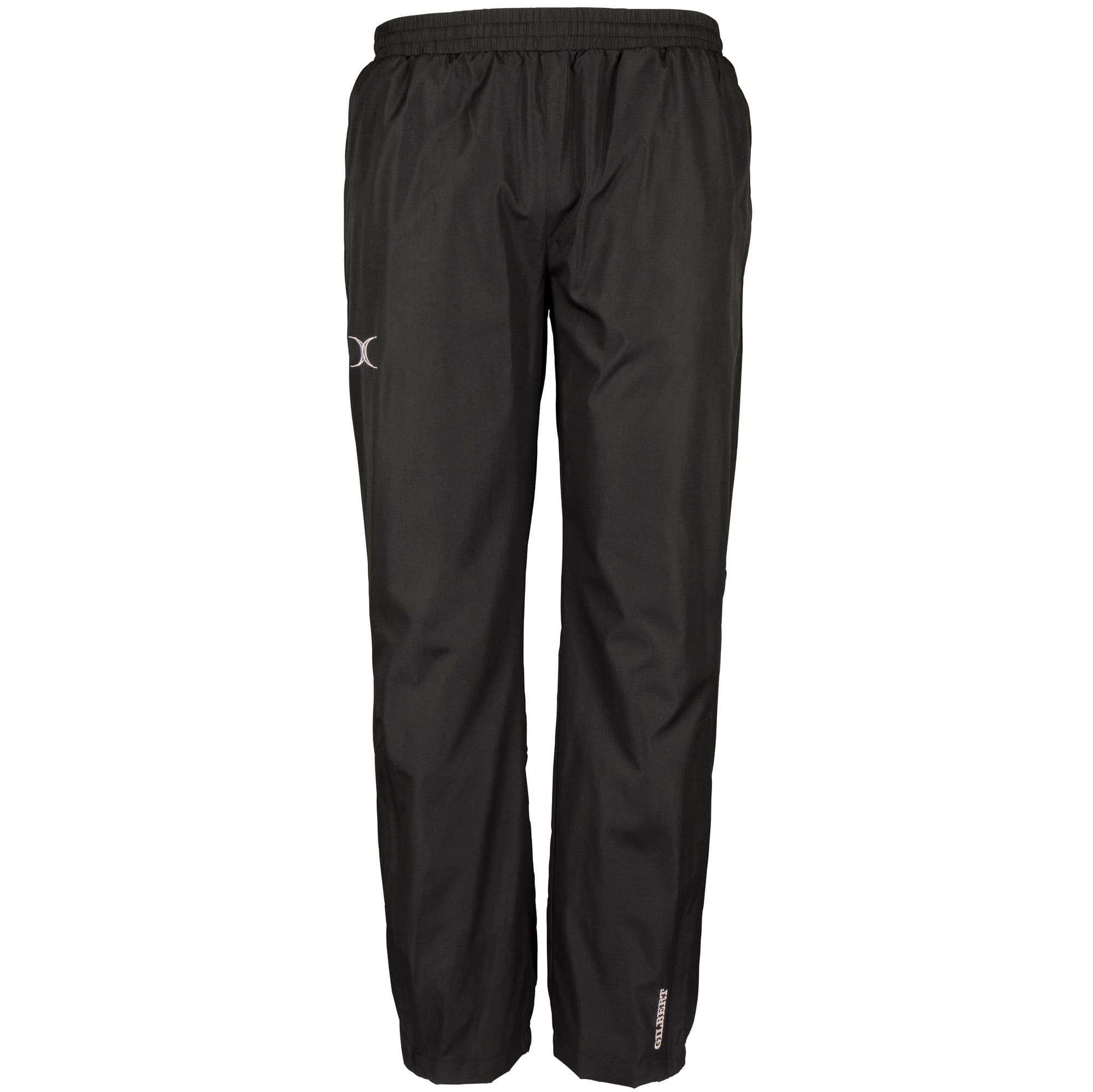 Black training trousers made from lightweight material, featuring an elastic waistband and subtle Gilbert Rugby logo on the side.