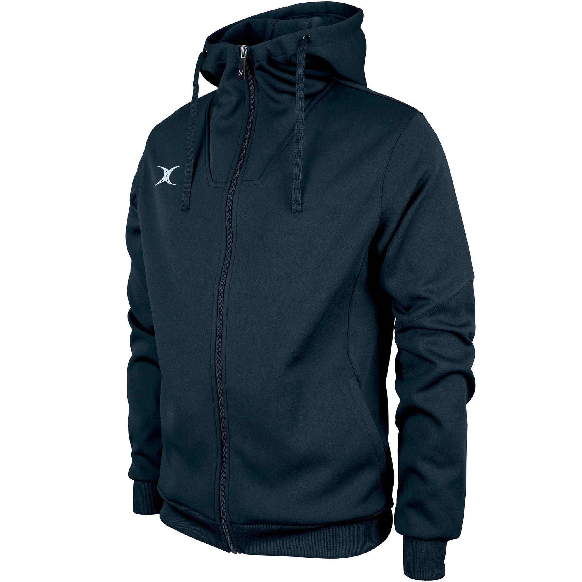 Black full zip hoodie for men by Gilbert Rugby, featuring a sleek design, adjustable hood, and subtle logo on the chest, made from soft, durable material.