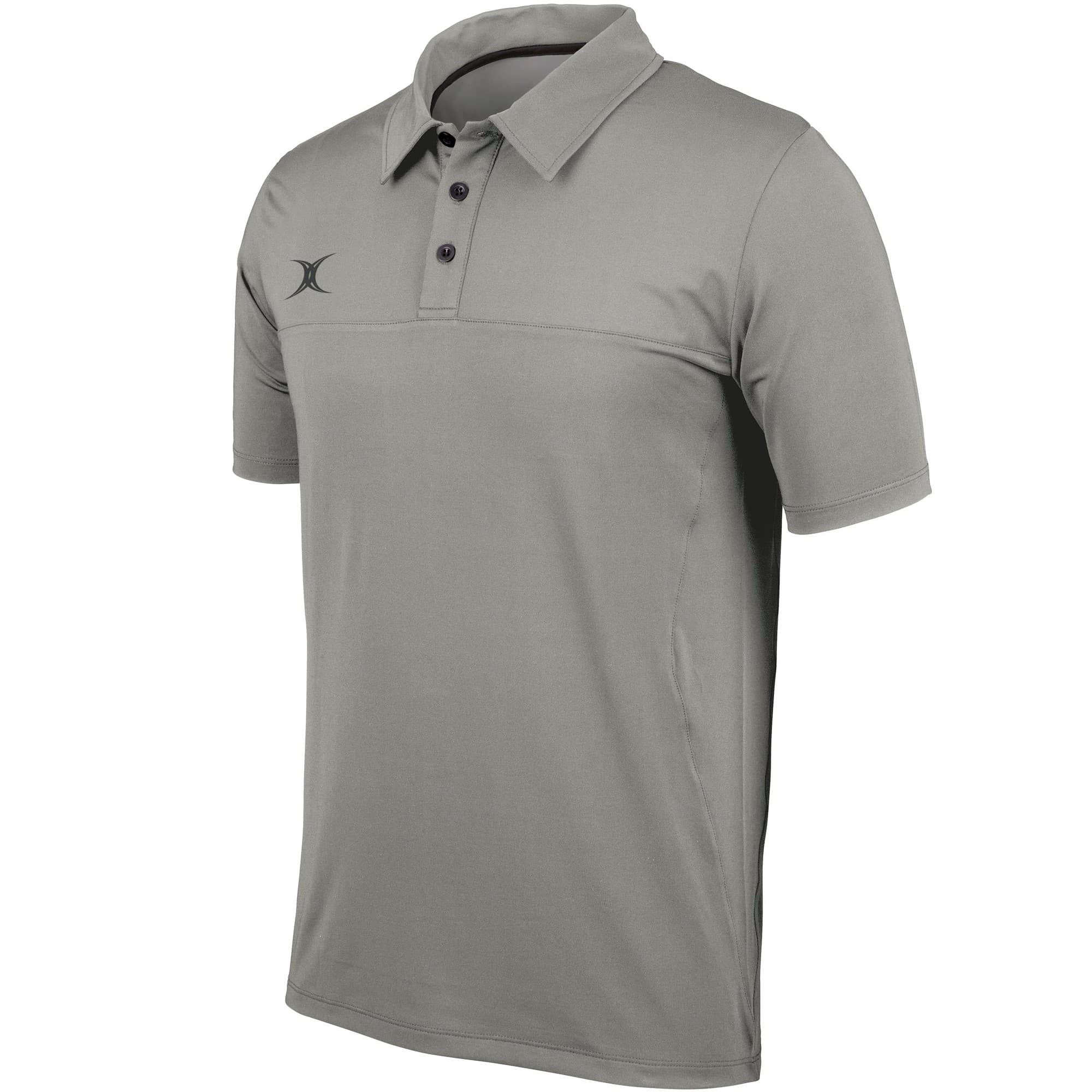Black men's polo shirt by Gilbert Rugby, featuring a classic collar, three-button placket, and the Gilbert logo on the left chest, made from lightweight, breathable material.