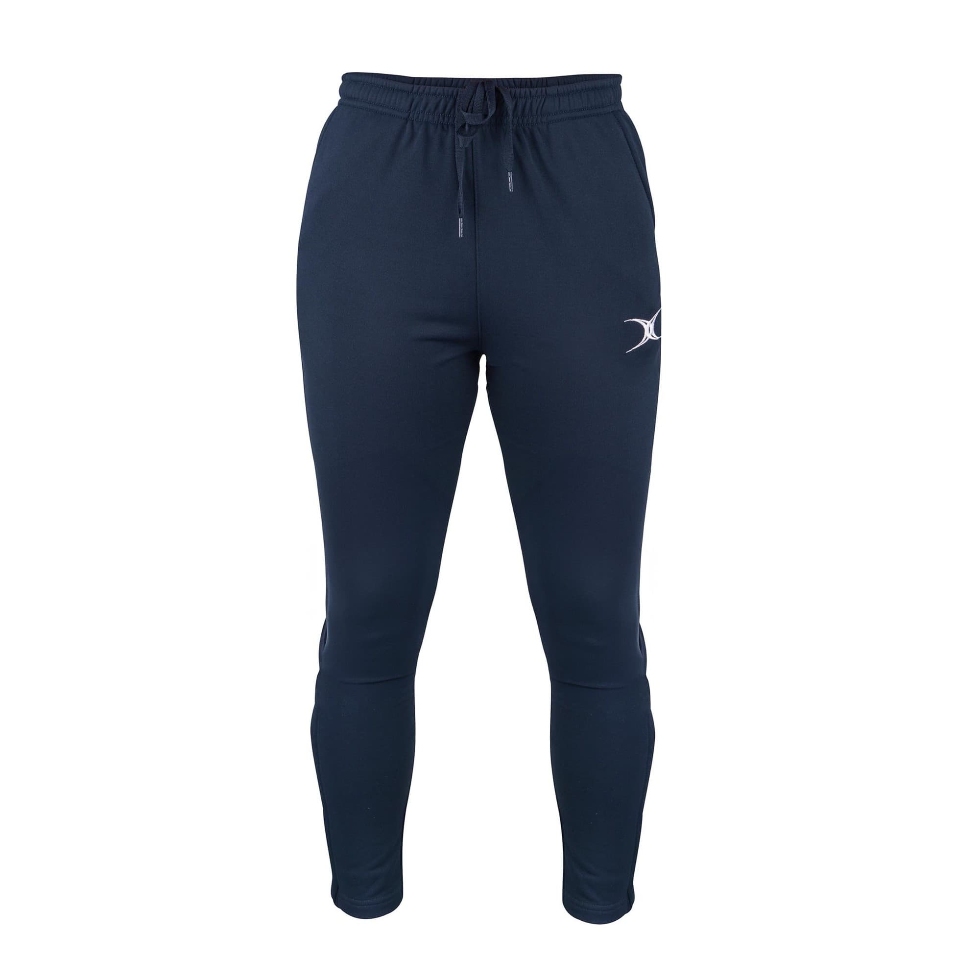 Black training trousers for men by Gilbert Rugby, featuring an elastic waistband with drawstring and a sleek, fitted design, ideal for athletic performance.