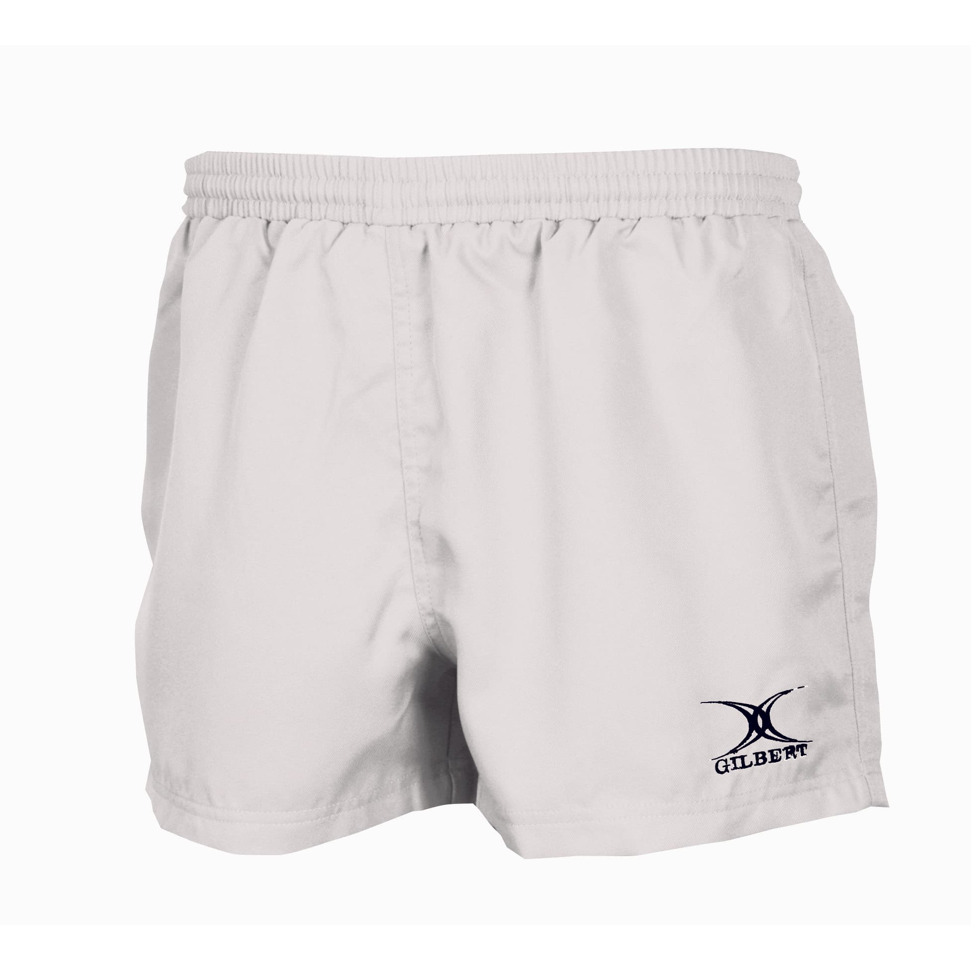 Black men's rugby match shorts by Gilbert Rugby, featuring an elastic waistband and the Gilbert logo on the lower left side, made from durable, lightweight material.