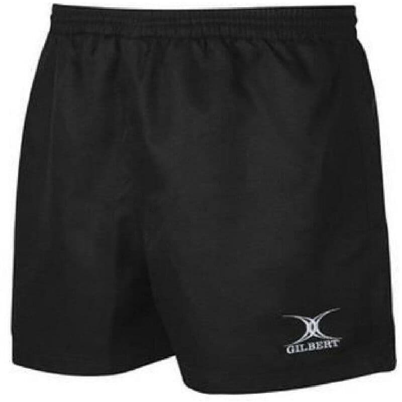 Black rugby match shorts for men by Gilbert Rugby, featuring an elastic waistband and the Gilbert logo on the lower right side.