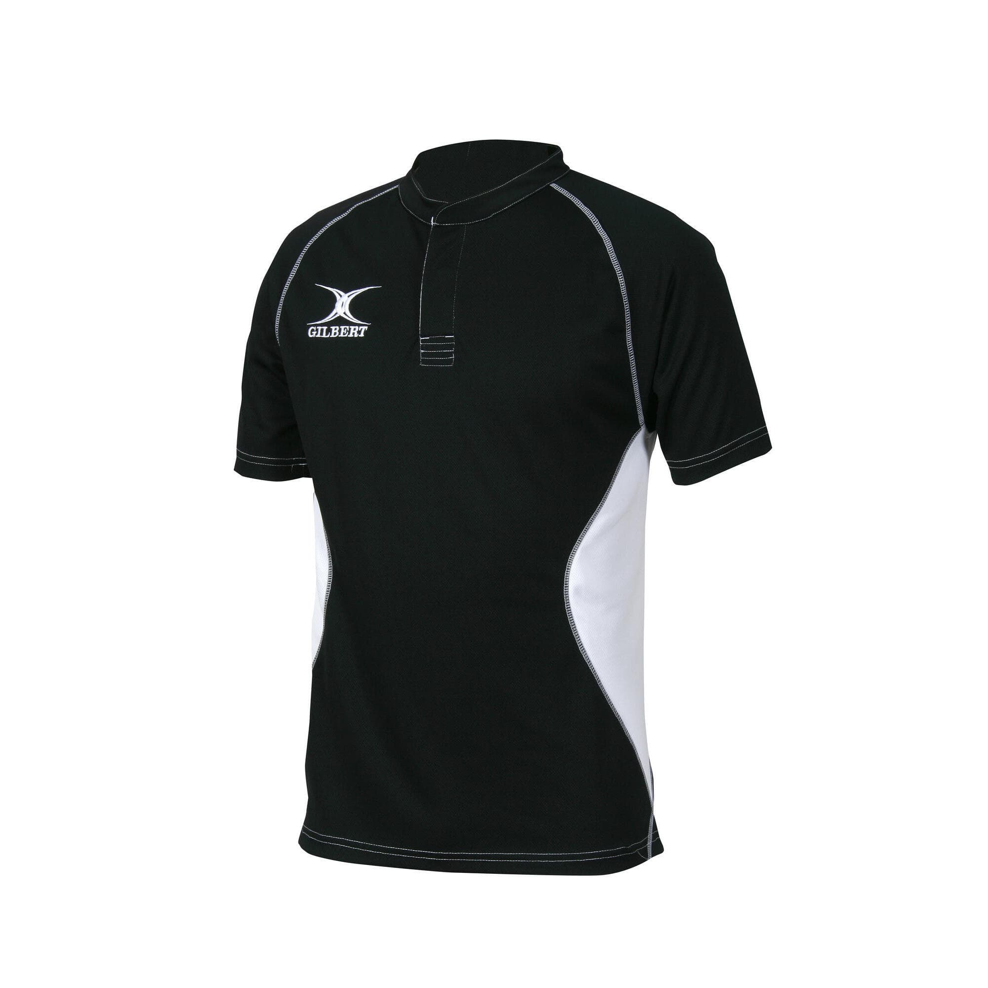 Black and green Gilbert Rugby XACT V2 Match Shirt featuring a collar, short sleeves, and contrasting white side panels, designed for senior players.