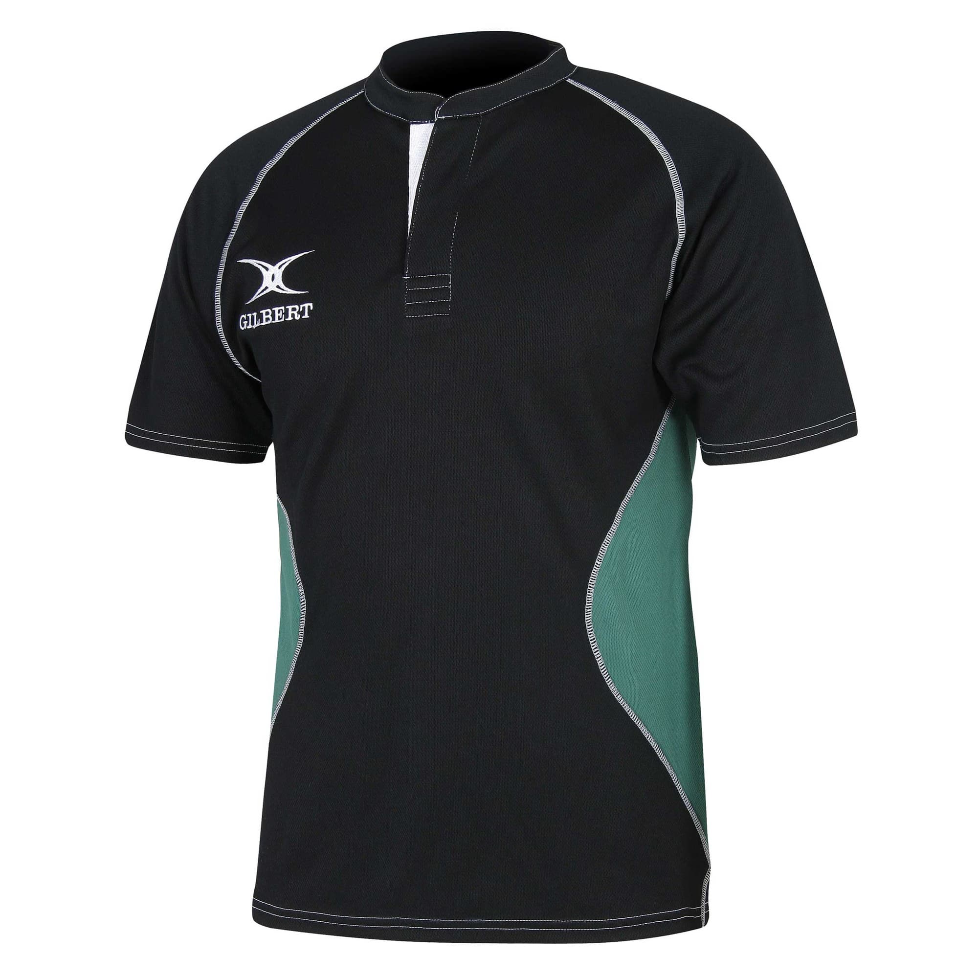 Black and green Gilbert Rugby XACT V2 Match Shirt featuring a collar, short sleeves, and contrasting stitching, designed for senior players.