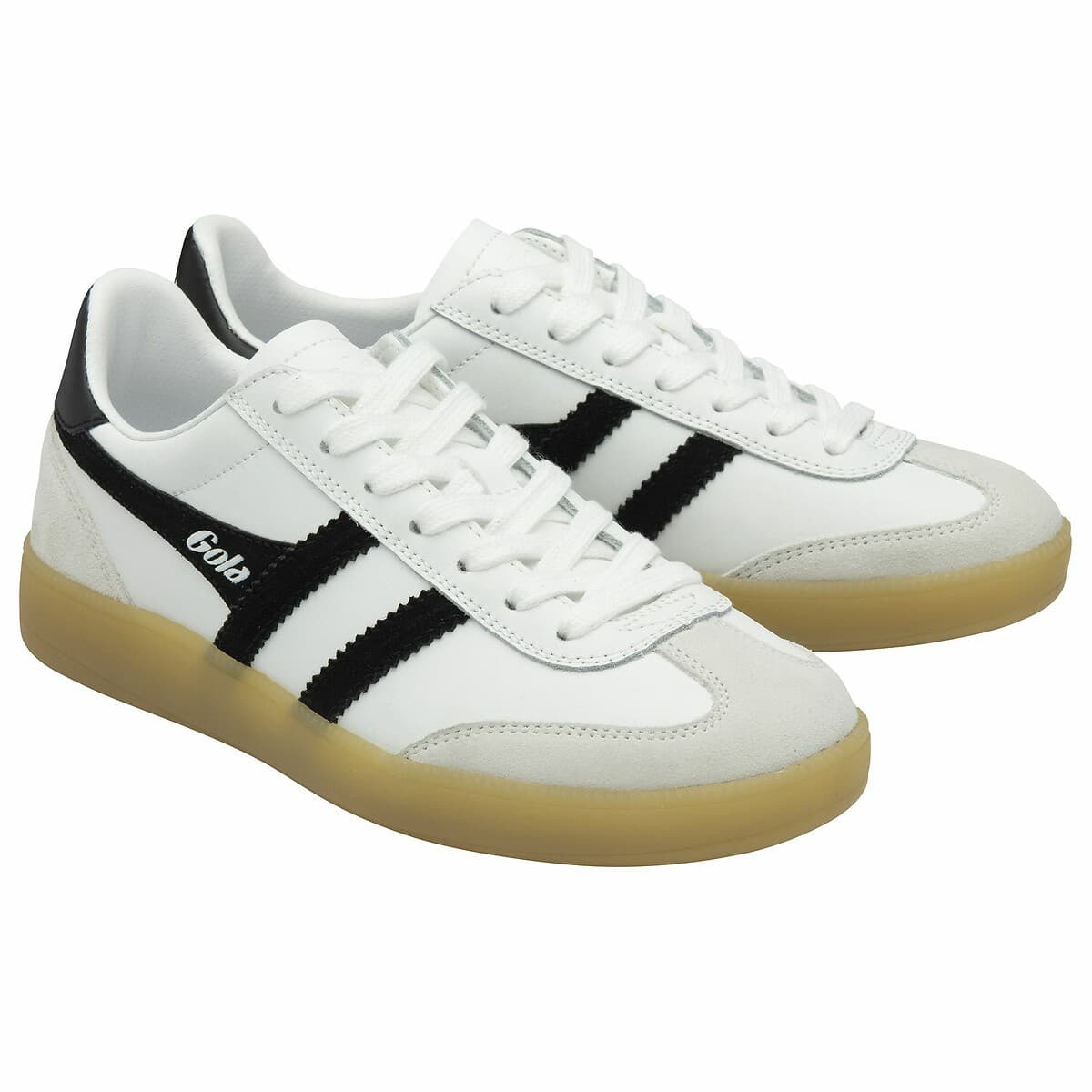 White leather sneakers with black stripes and a gum rubber sole, featuring a classic design and Gola branding on the side.