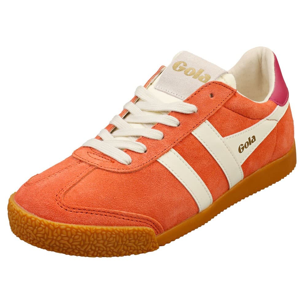 Hot coral suede women's shoes with off-white stripes and fuchsia accents, featuring a textured gum sole and Gola branding on the tongue.