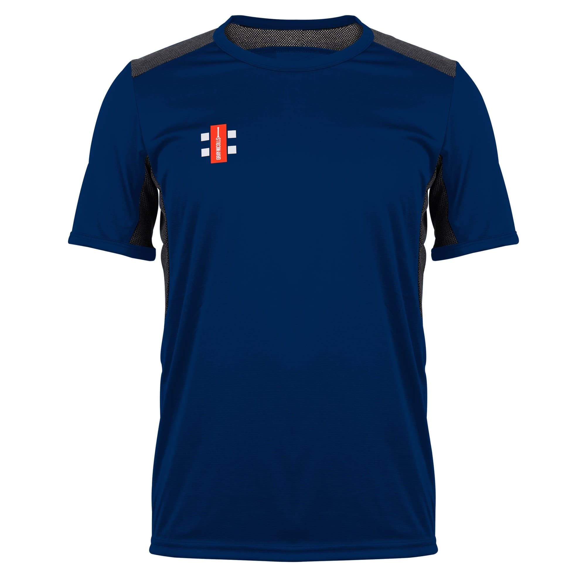 Black short sleeve men's t-shirt by Gray-Nicolls, featuring a lightweight material, mesh detailing on shoulders, and a small logo on the front.
