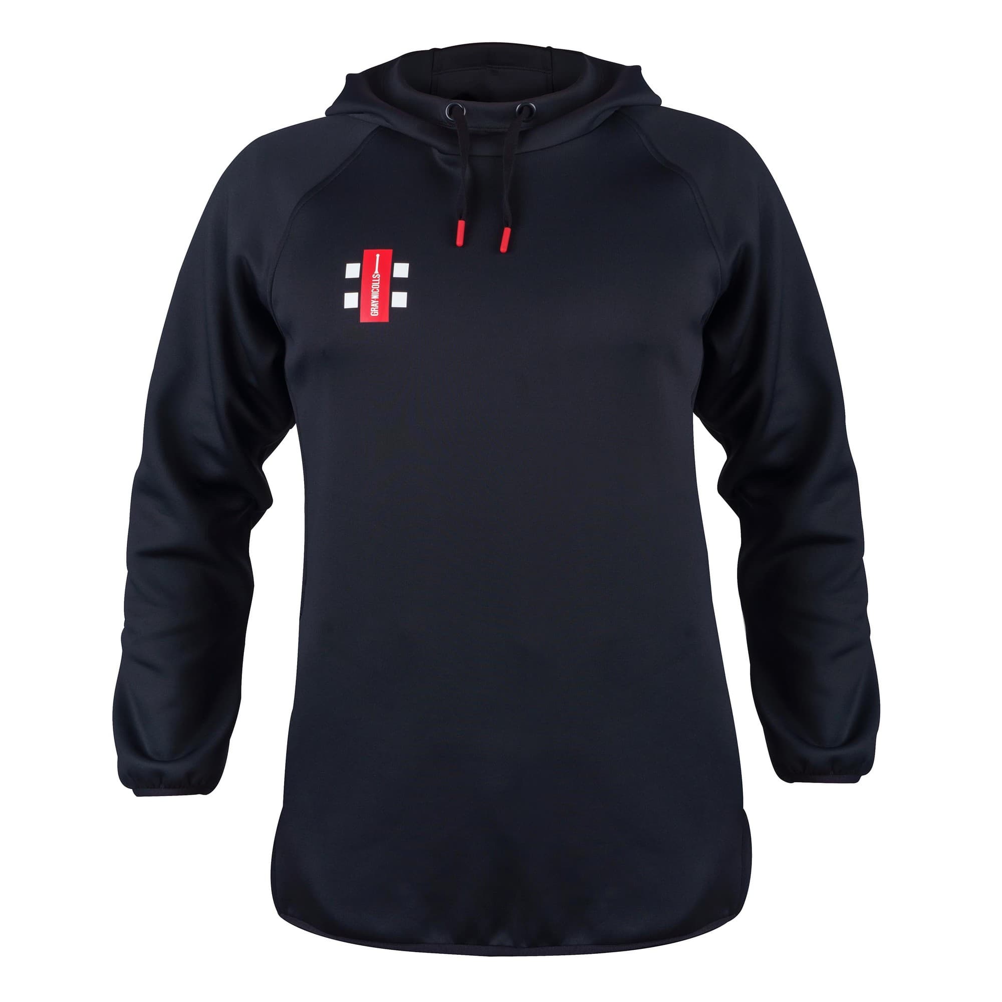 Black Gray-Nicolls Pro Performance V2 hoodie featuring a red and white logo on the chest, a drawstring hood, and long sleeves made from a soft, moisture-wicking material.
