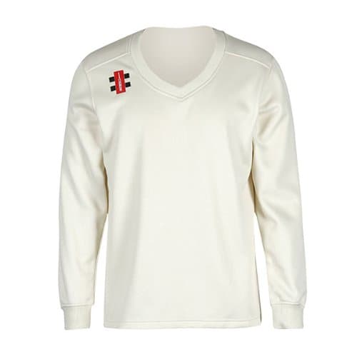 Cream-colored long-sleeve sweater with a V-neck, featuring a textured fabric and a small red and black logo on the left chest.