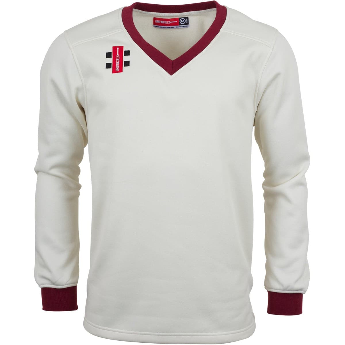 Cream-colored sweater with a V-neck, maroon accents on the collar and cuffs, featuring the Gray-Nicolls logo and a distinctive striped design on the chest.