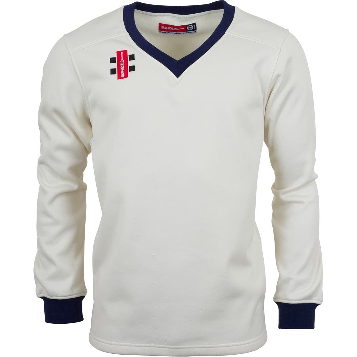 Cream-colored sweater with a V-neck, navy blue collar and cuffs, featuring a red and white logo patch on the left chest and a classic fit, made from soft material suitable for cricket.