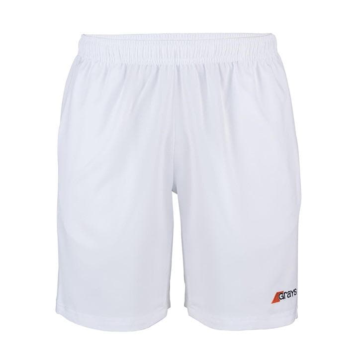 White athletic shorts made from lightweight material, featuring an elastic waistband and the Grays logo in black and orange on the lower right side.