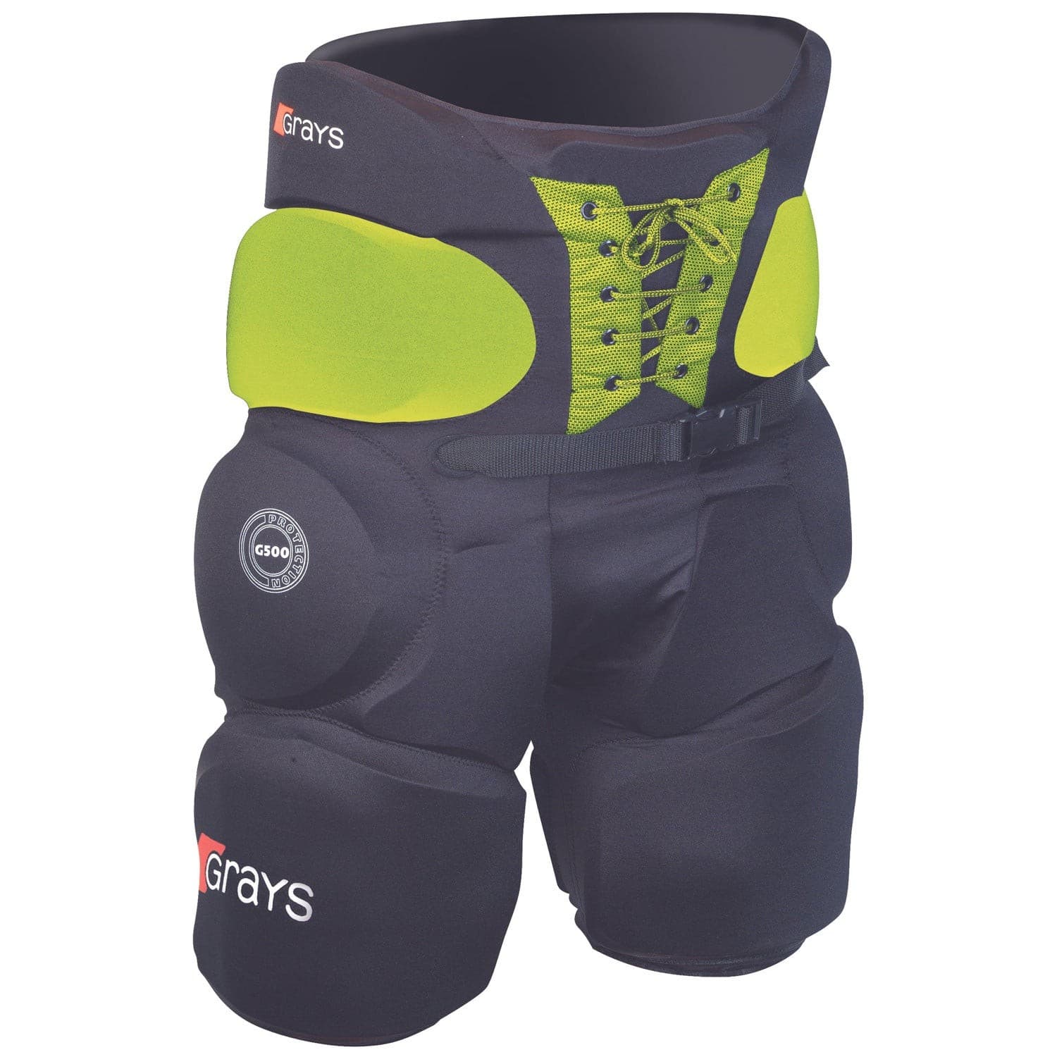 Black padded shorts with yellow accents, featuring a lace-up front, protective thigh padding, and Grays logo, designed for hockey players.