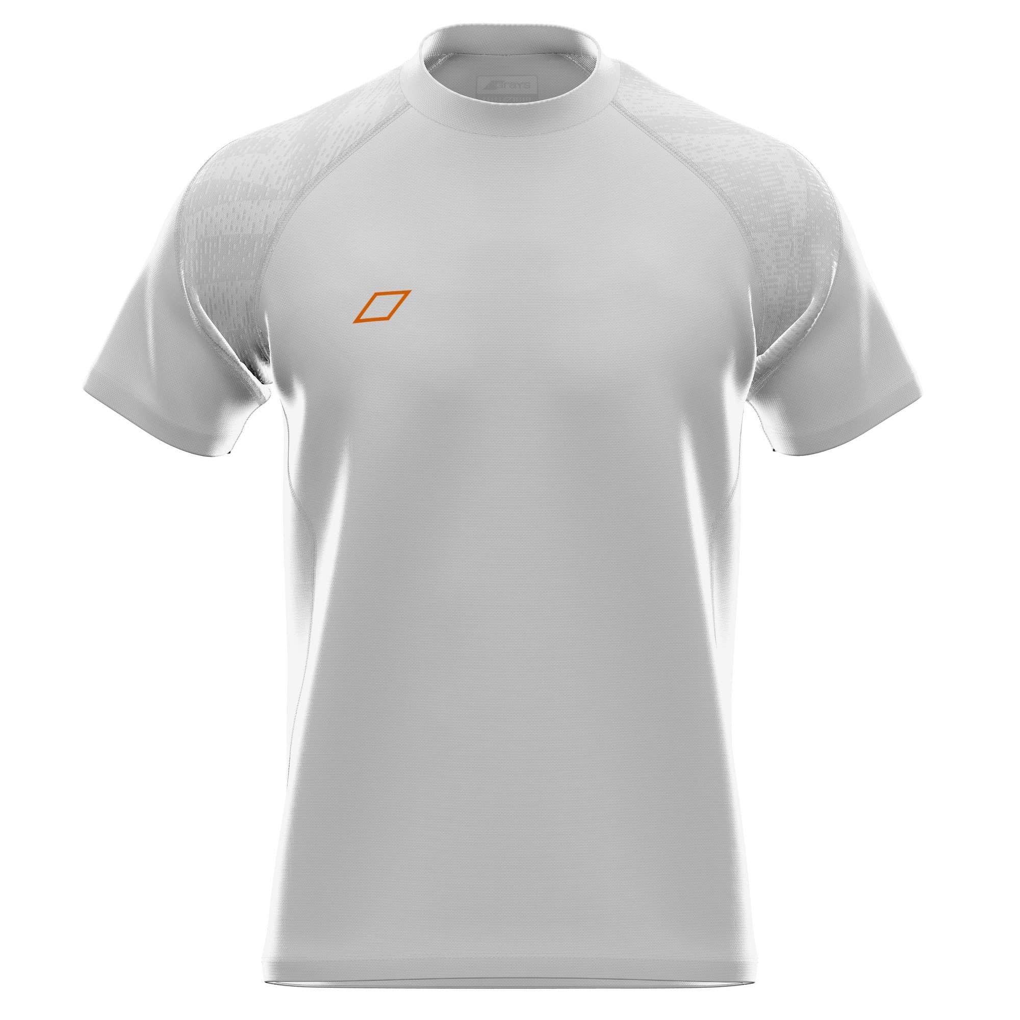 White short sleeve shirt made of lightweight material, featuring a round neckline and orange logo on the chest, designed for junior athletes by Grays Hockey.