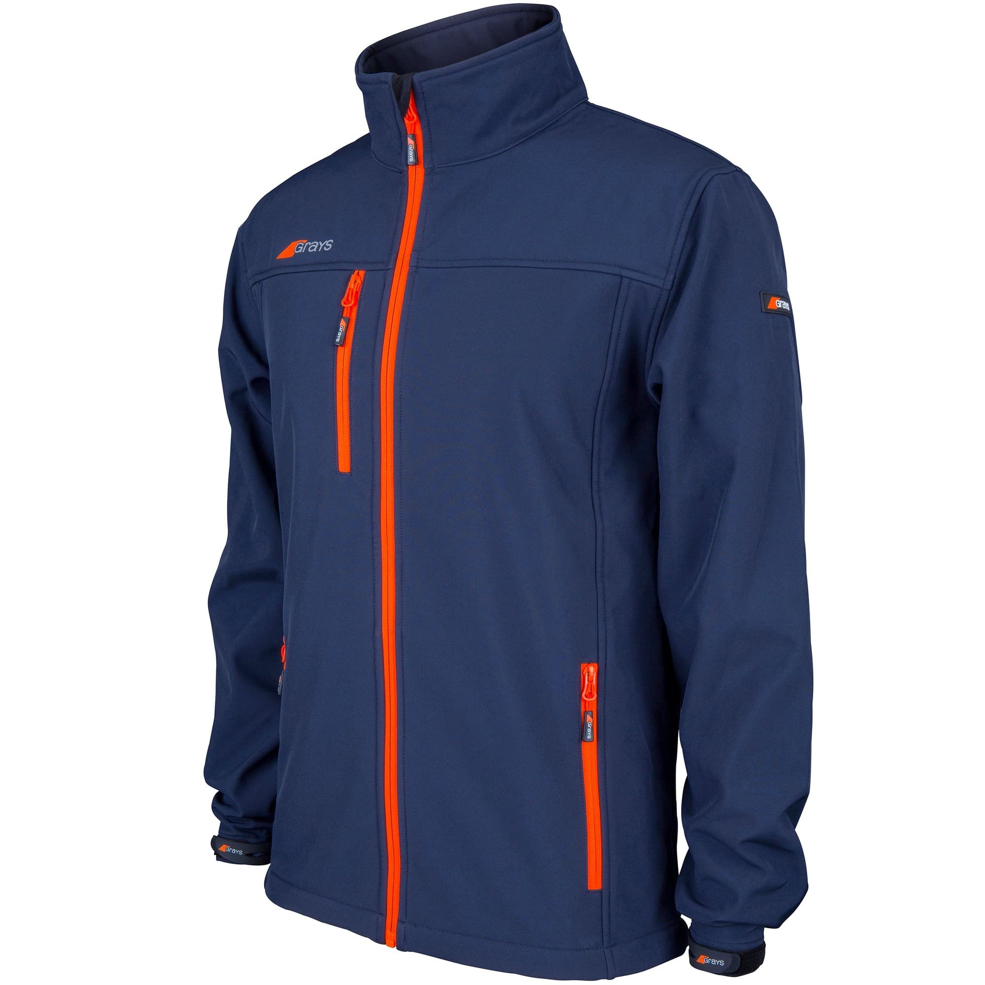 Navy blue soft shell jacket with orange zippers and accents, featuring a high collar, zippered chest pocket, and adjustable cuffs, designed for men's outdoor activities.