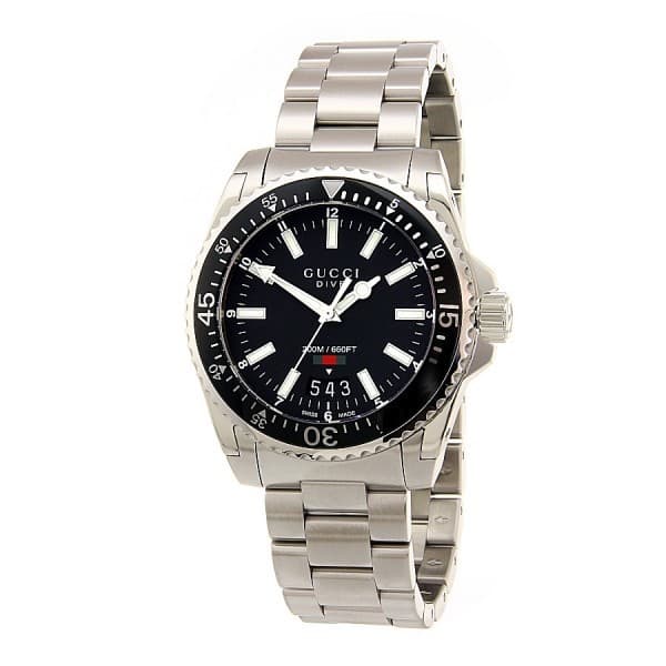 Gucci Dive men's watch YA136301 features a black dial, silver stainless steel case and bracelet, luminous hands, and a rotating bezel with a water resistance of 200 meters.
