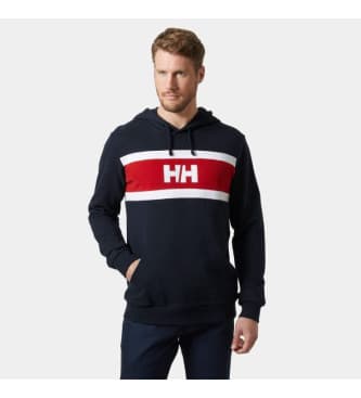 Navy cotton hoodie featuring a bold red and white horizontal stripe with "HH" logo on the chest, drawstring hood, and front pocket.