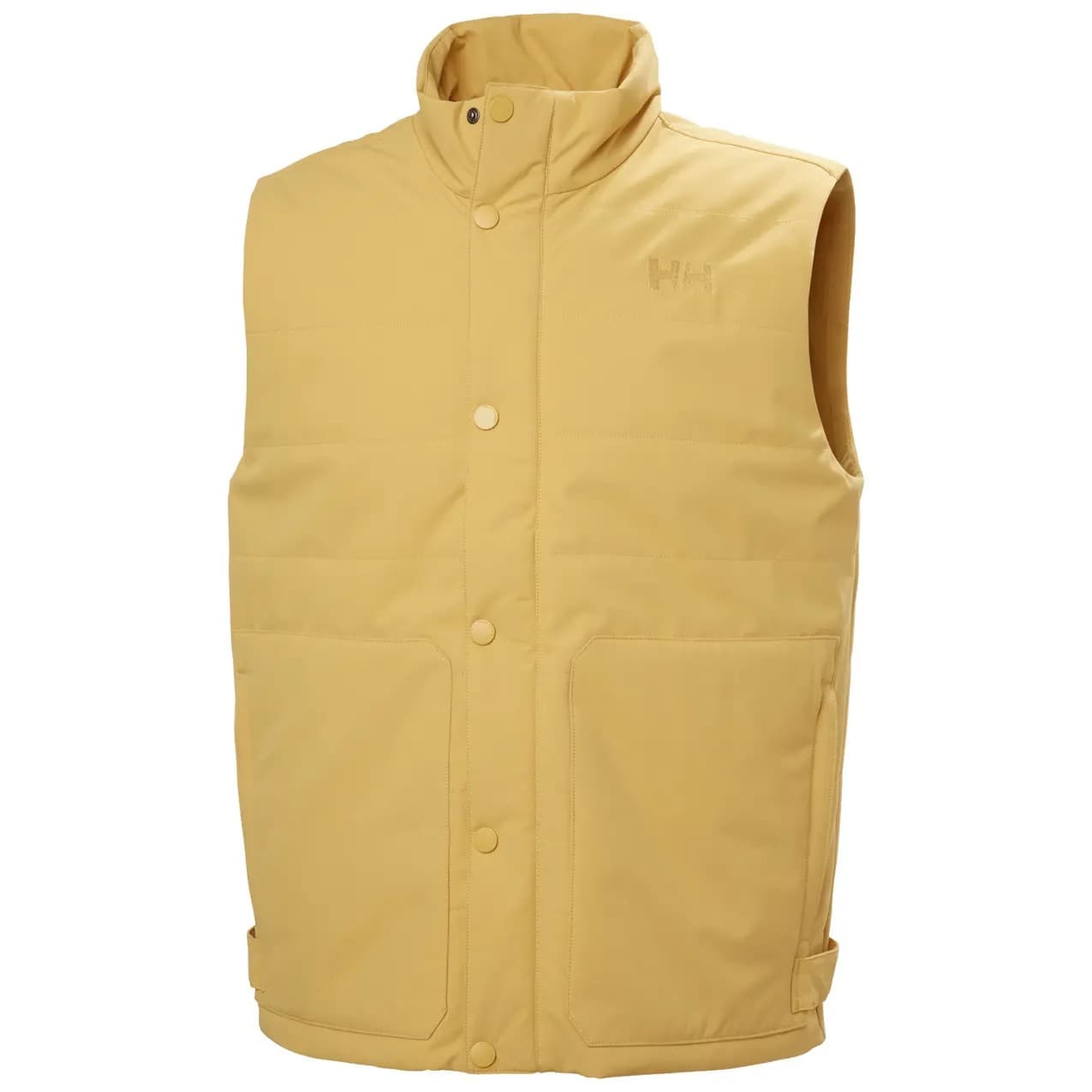 Yellow sleeveless jacket by Helly Hansen, featuring a high collar, front snap buttons, and two large front pockets, designed for insulation and comfort.