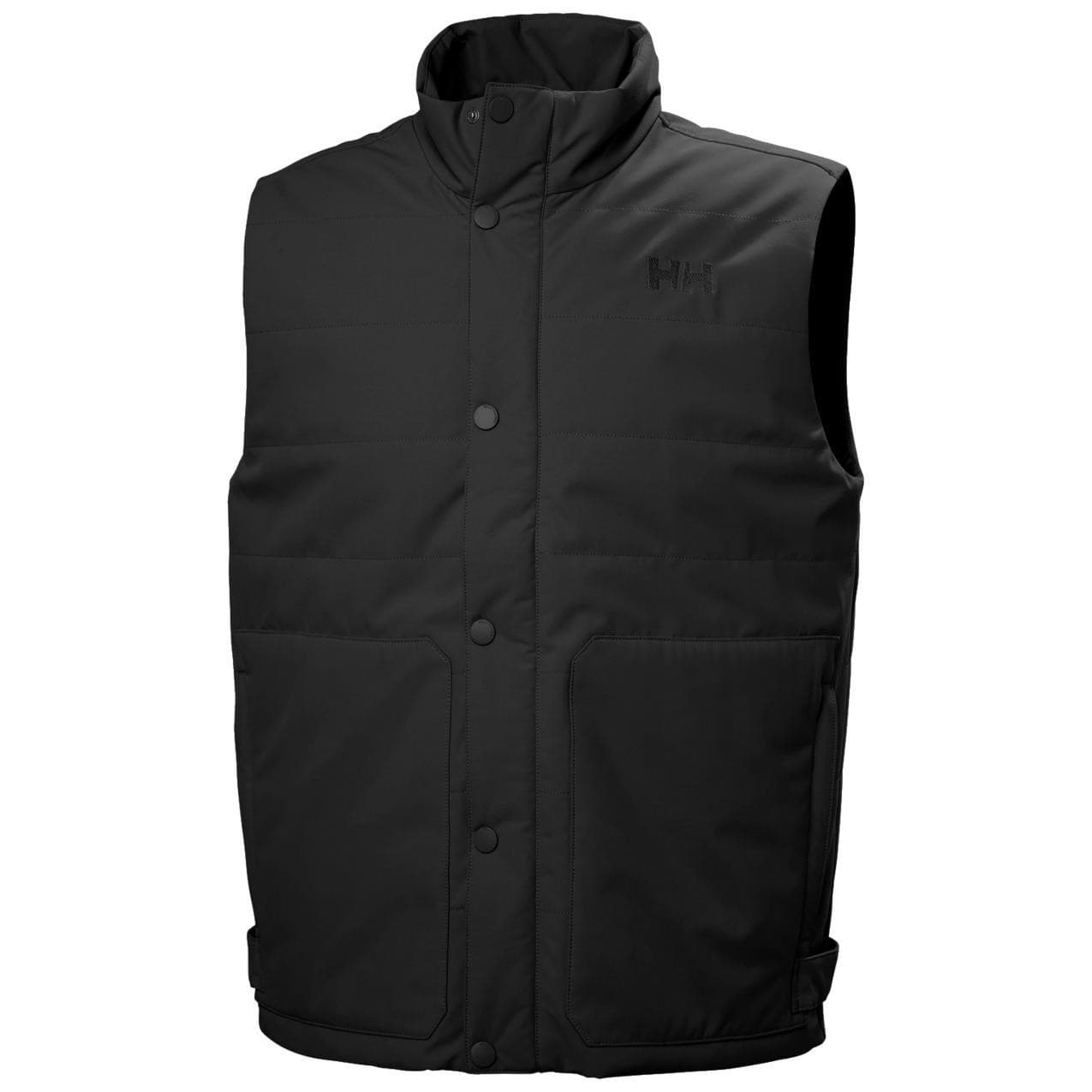 Black sleeveless jacket featuring a high collar, snap button closure, and two front pockets, made from insulated material by Helly Hansen.