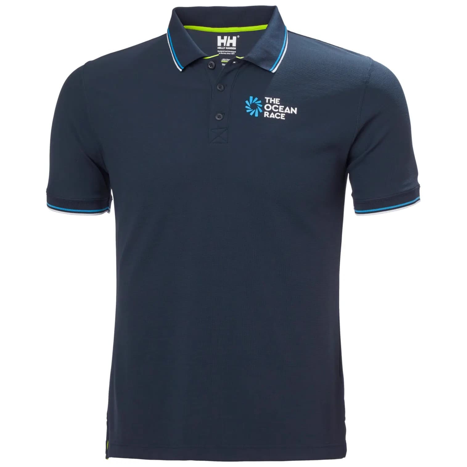 Navy blue polo shirt made of breathable material, featuring a three-button placket, short sleeves, and contrasting turquoise and green accents, with "THE OCEAN RACE" logo on the chest.