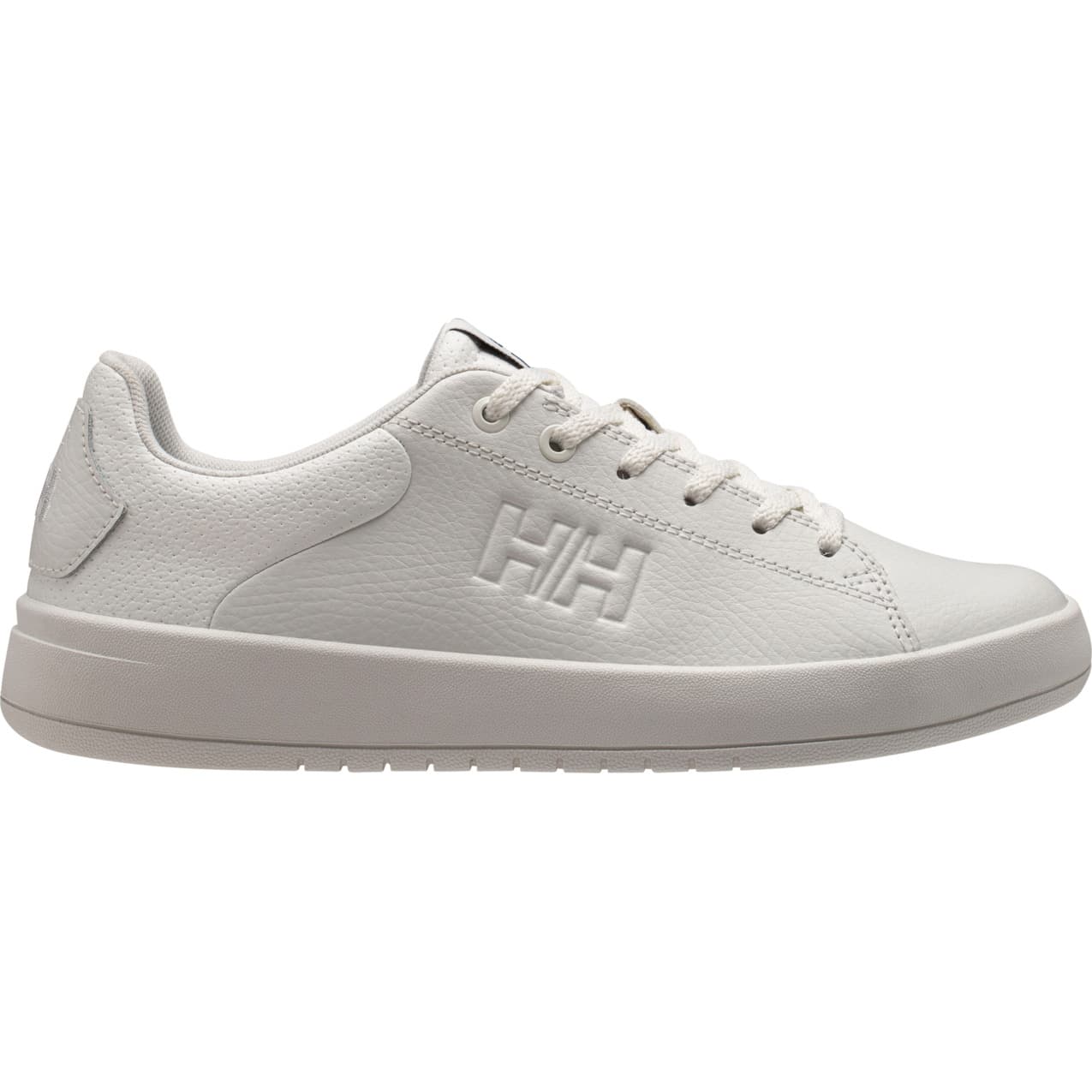 White leather women's trainers featuring a textured upper, lace-up design, and a subtle embossed Helly Hansen logo on the side.