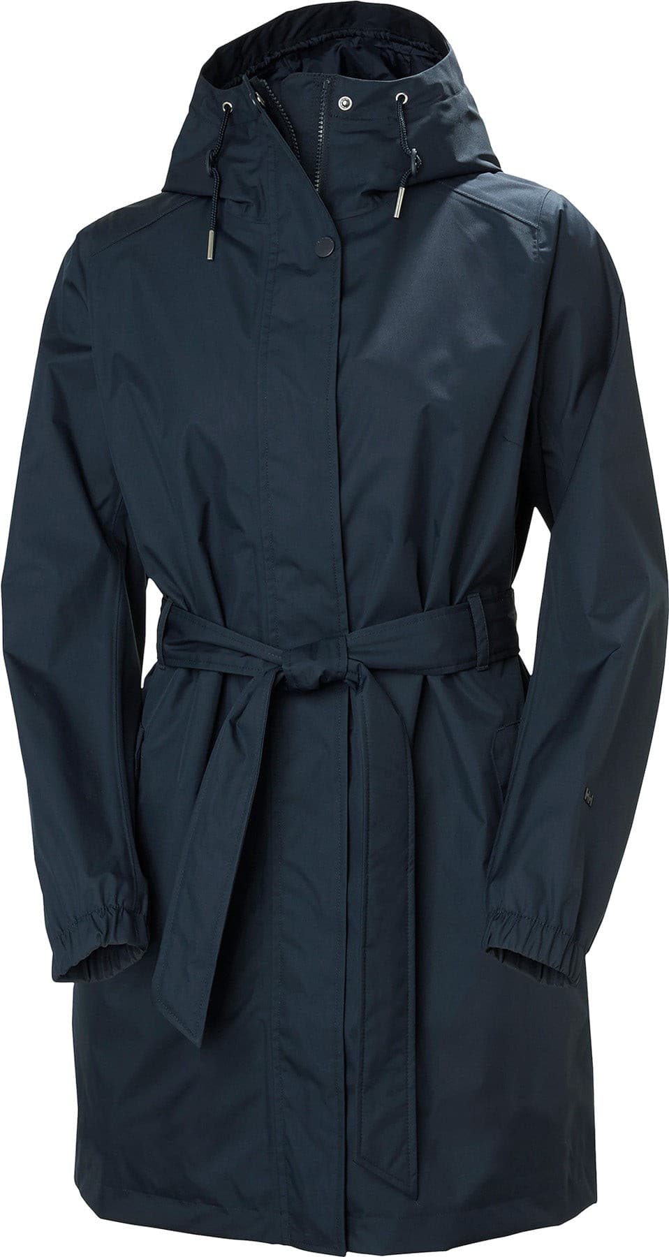 Navy blue waterproof trench jacket with a hood, adjustable drawstring, and a belted waist, featuring a sleek, lightweight design suitable for rainy weather.