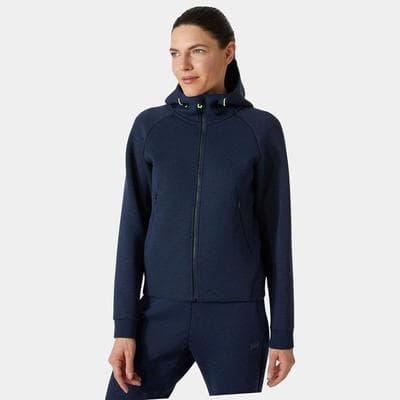 Women's navy waterproof jacket featuring a full zip, adjustable hood, and contrasting green accents, designed for outdoor activities by Helly Hansen.