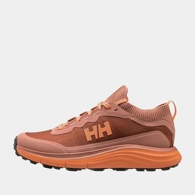 Light pink and rust-colored women's sneakers with a breathable mesh upper, cushioned sole, and prominent Helly Hansen logo on the side.