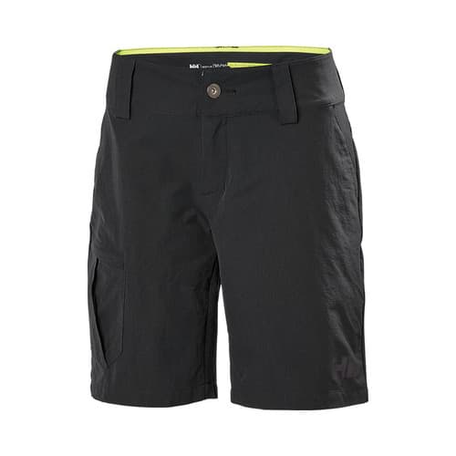 Black women's cargo shorts by Helly Hansen, featuring a button closure, side pockets, and a bright green inner waistband for added style and functionality.